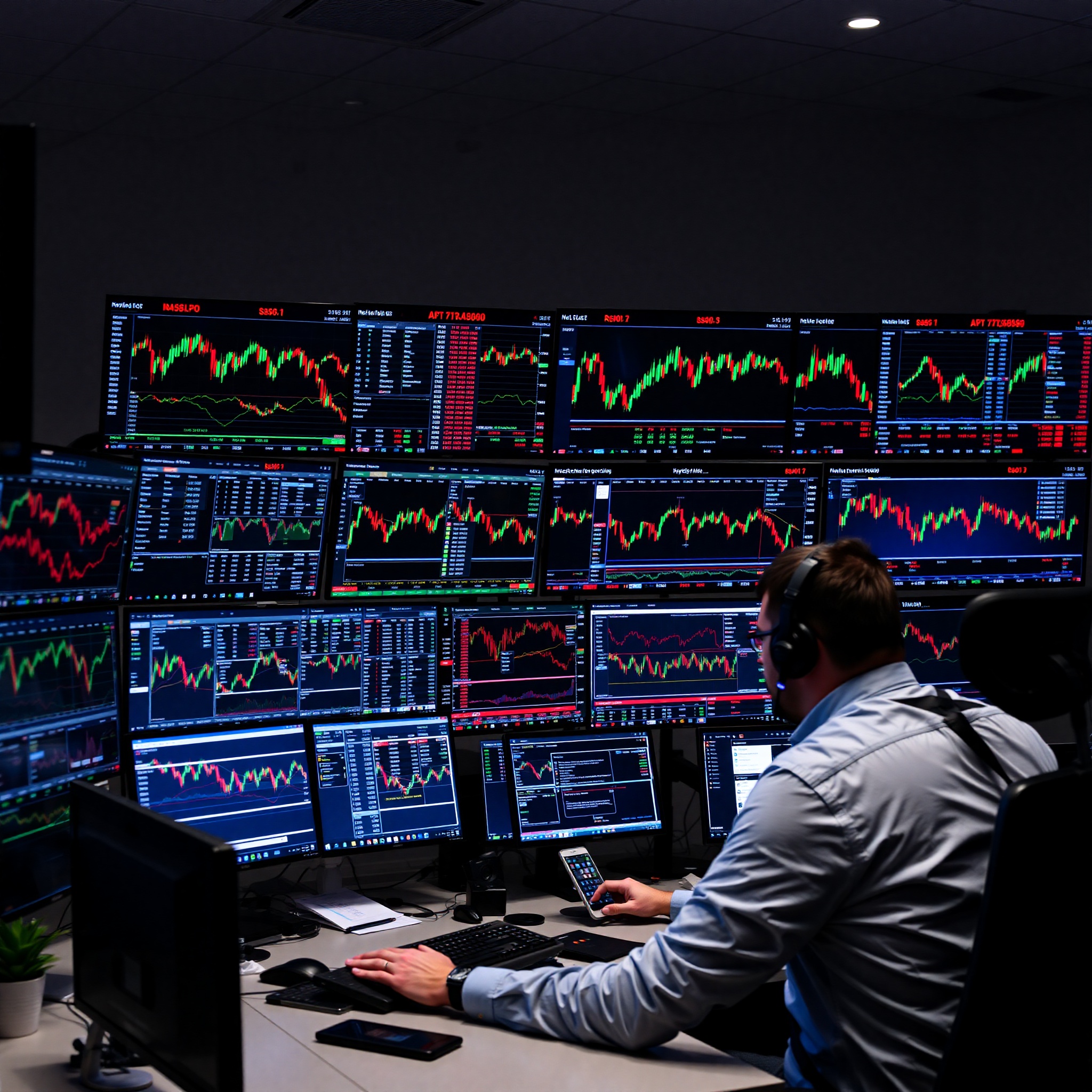 Stock market trading floor with multiple monitors displaying real-time market data and price charts