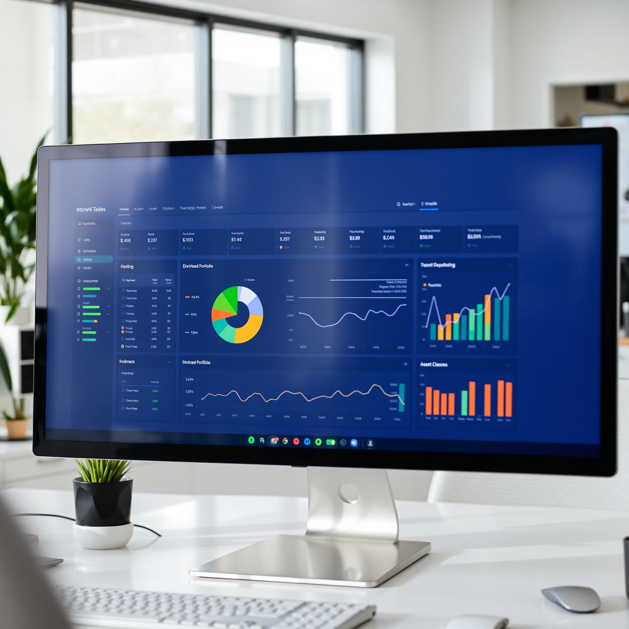 Investment portfolio dashboard showing diversified asset allocation across stocks bonds and real estate