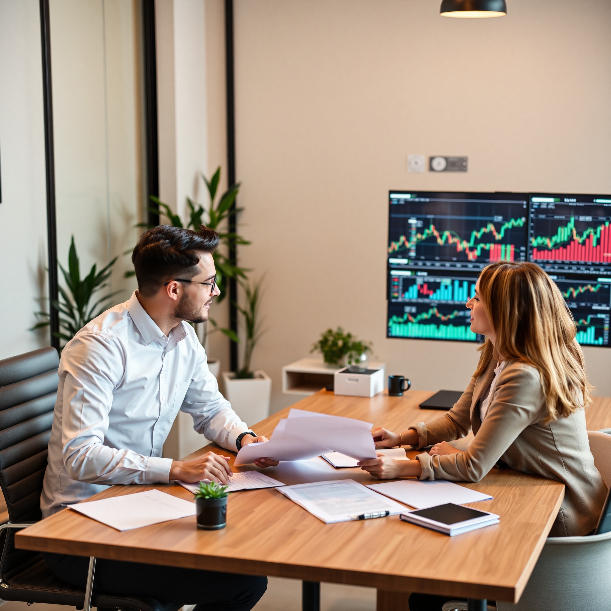 Professional advisor explaining investment account types to client in modern financial office