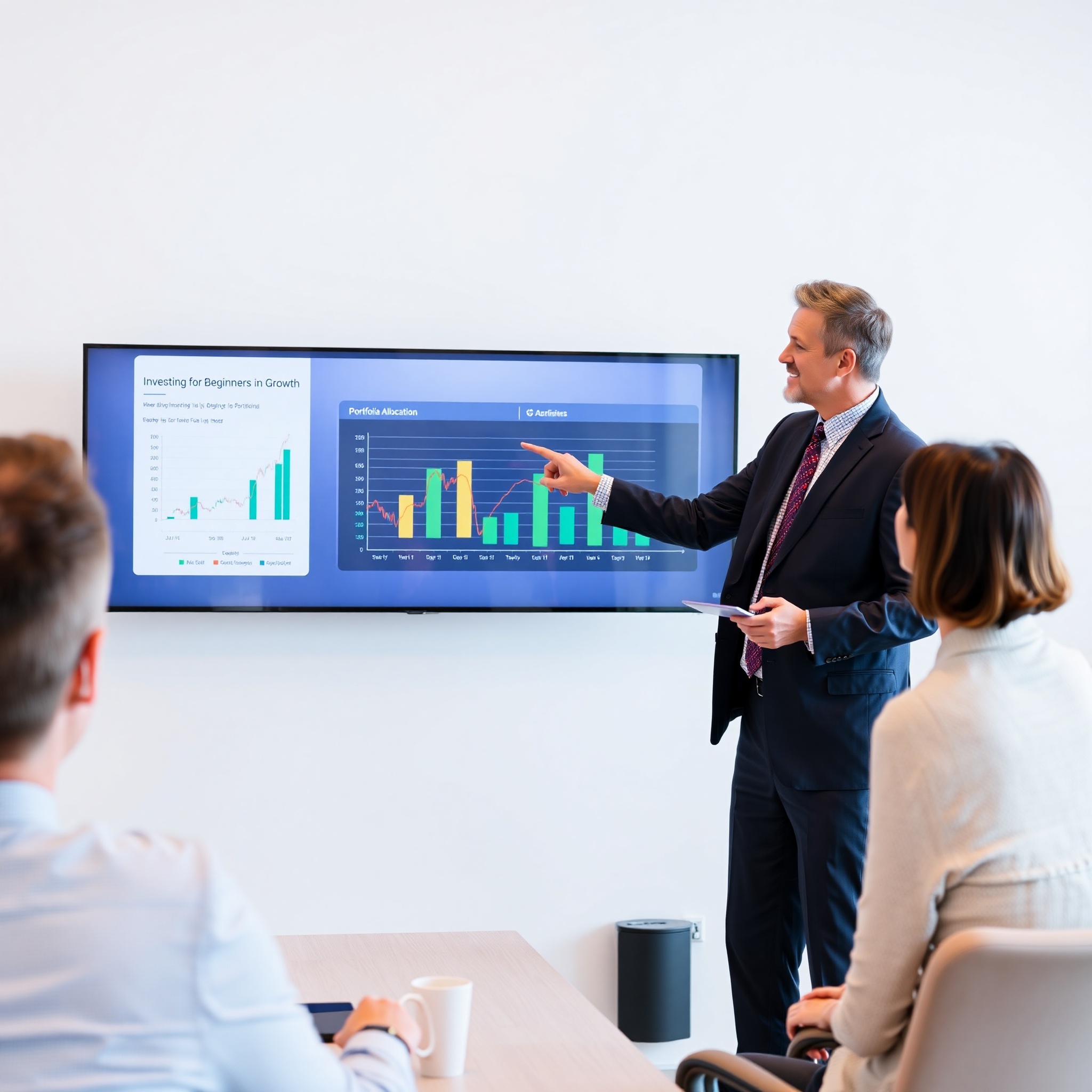 Financial advisor explaining diversification strategy with portfolio allocation chart displayed on presentation screen
