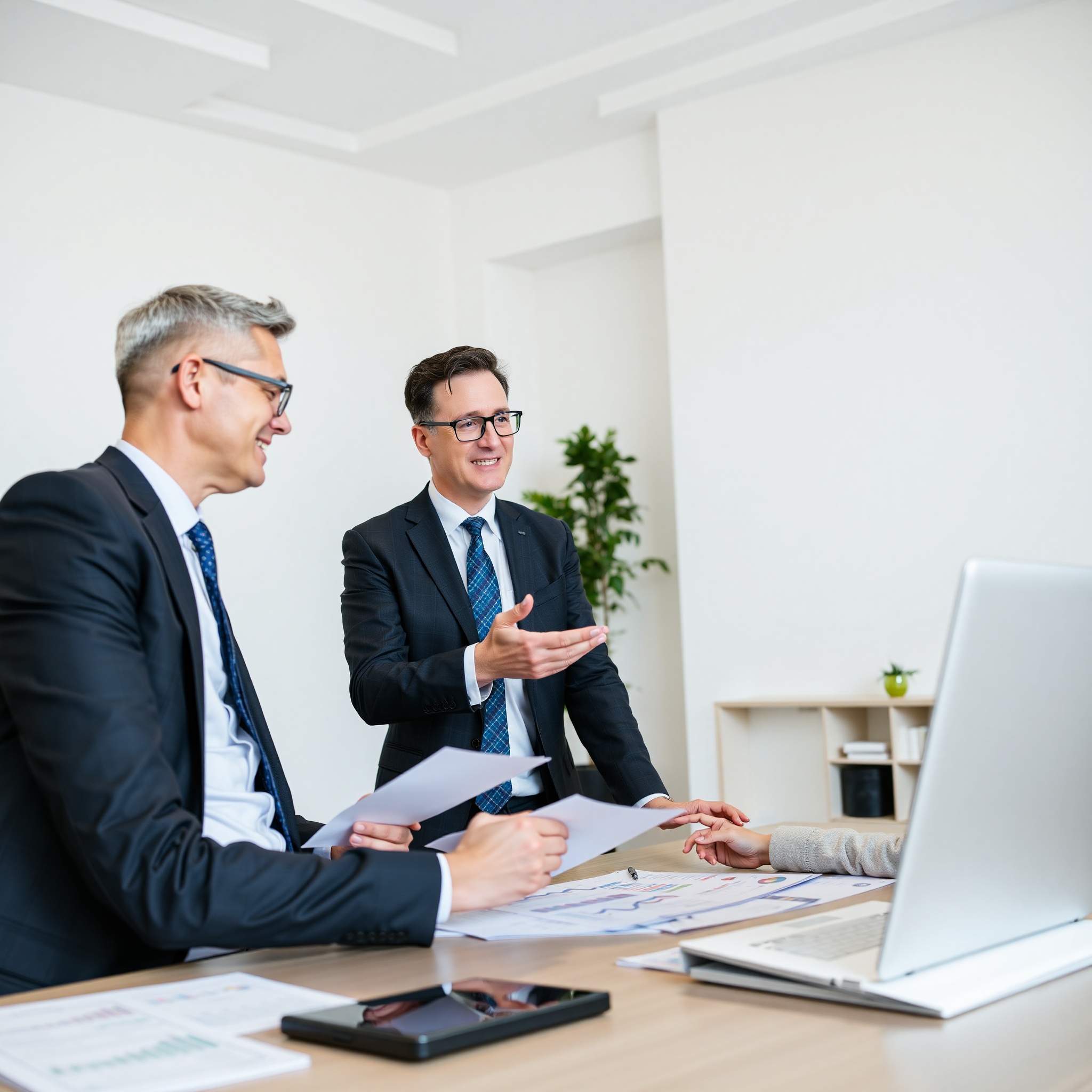 Professional financial advisor explaining investment concepts to client in modern office with educational materials and charts visible