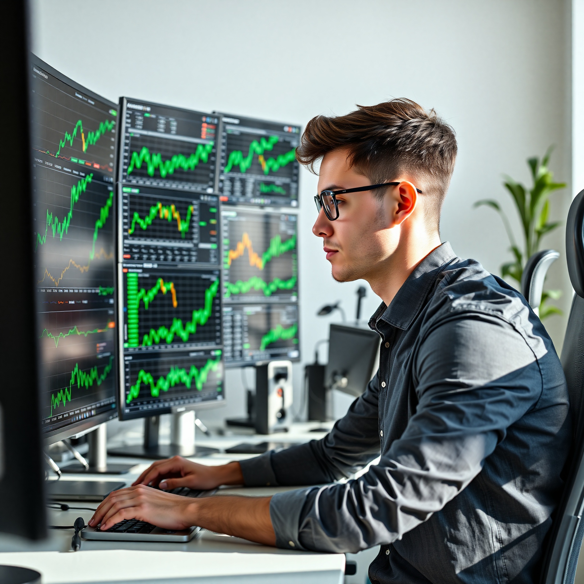 Young investor tracking market trends on multiple computer monitors showing growth charts