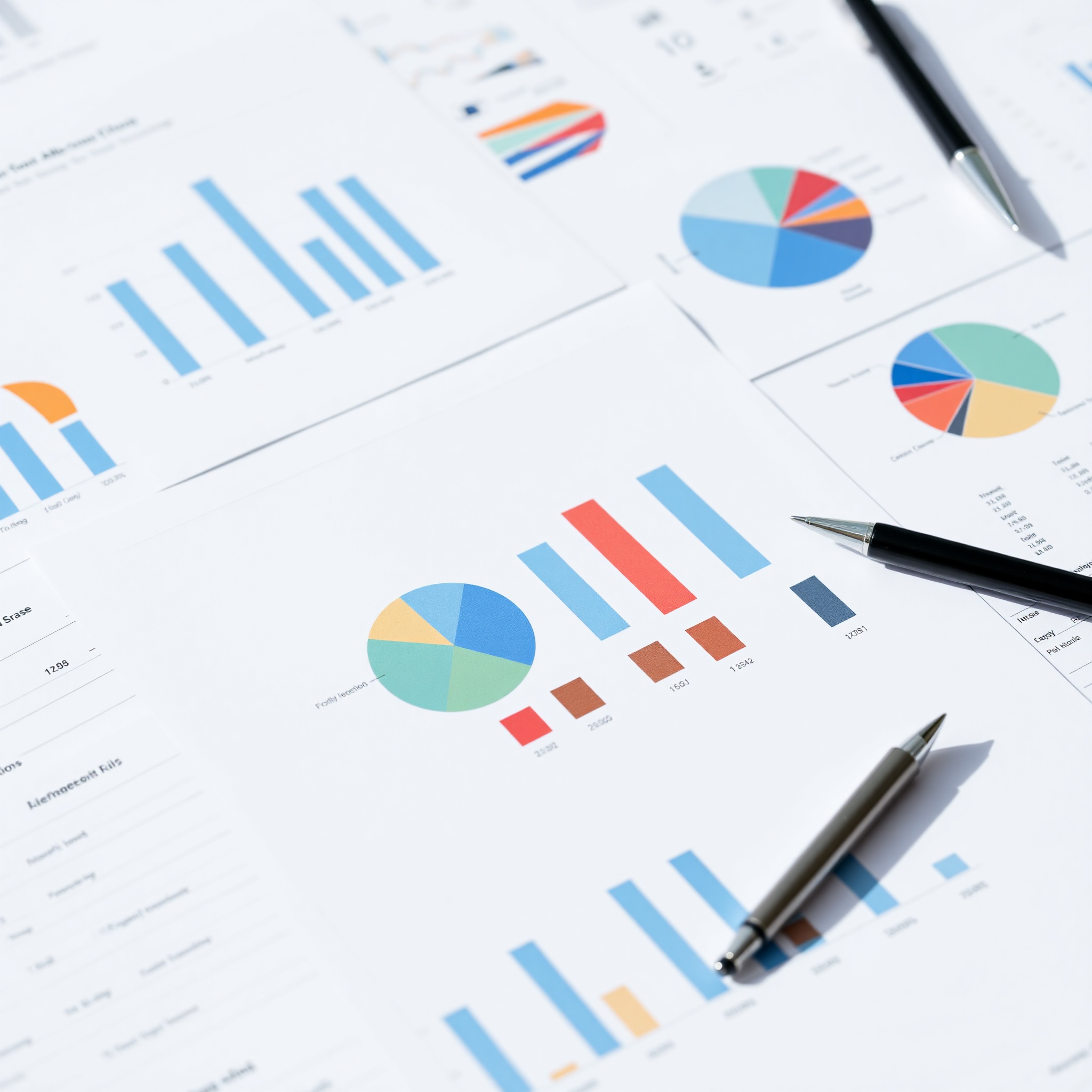 Colorful investment portfolio distribution pie chart and financial growth graphs on paper