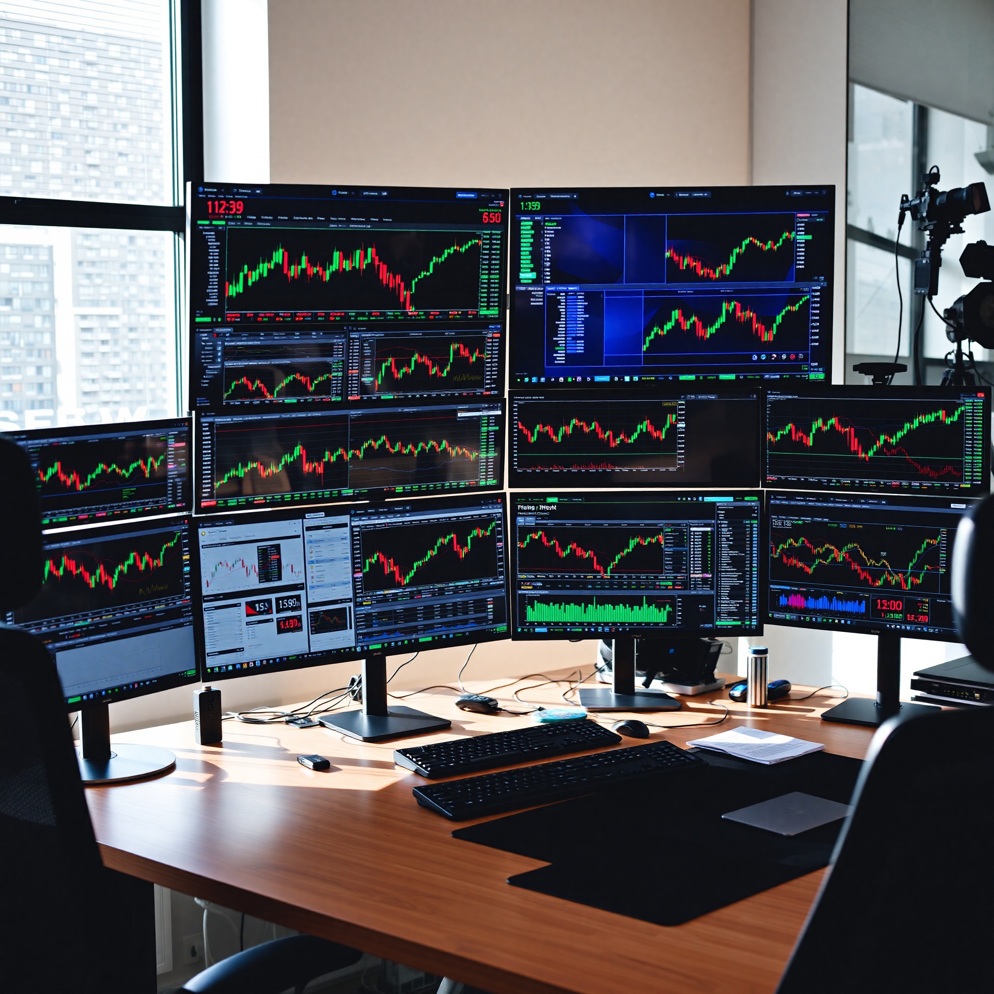 Stock market analysis with professional trader monitoring investment performance on multiple screens