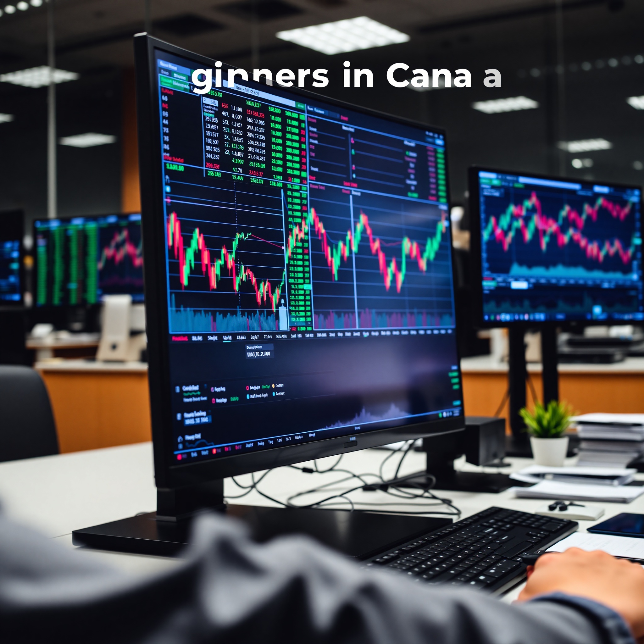 Stock market trading terminal showing real-time stock charts and financial data on multiple monitors