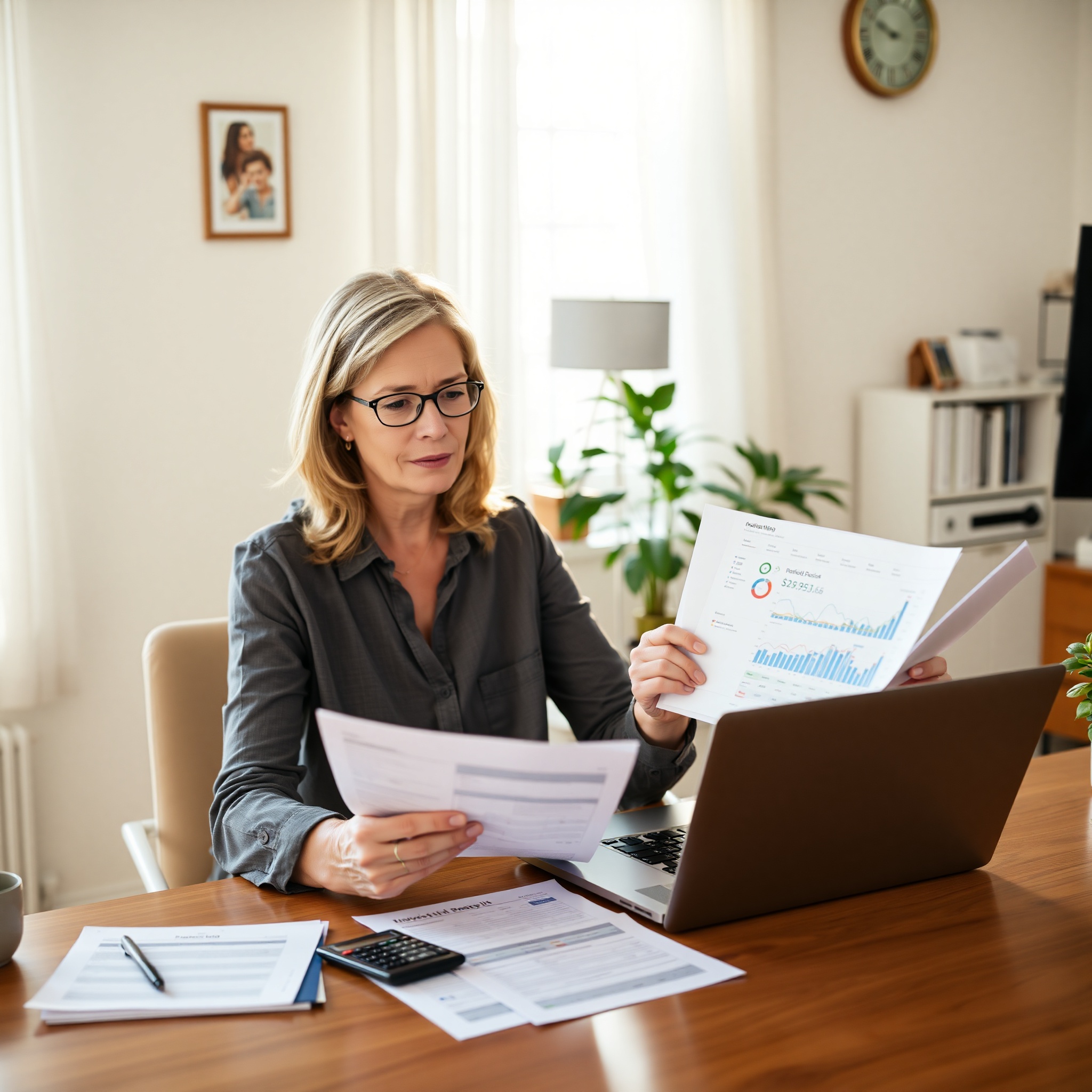 Canadian investor reviewing investment portfolio statement with calculator and notebook at home office desk