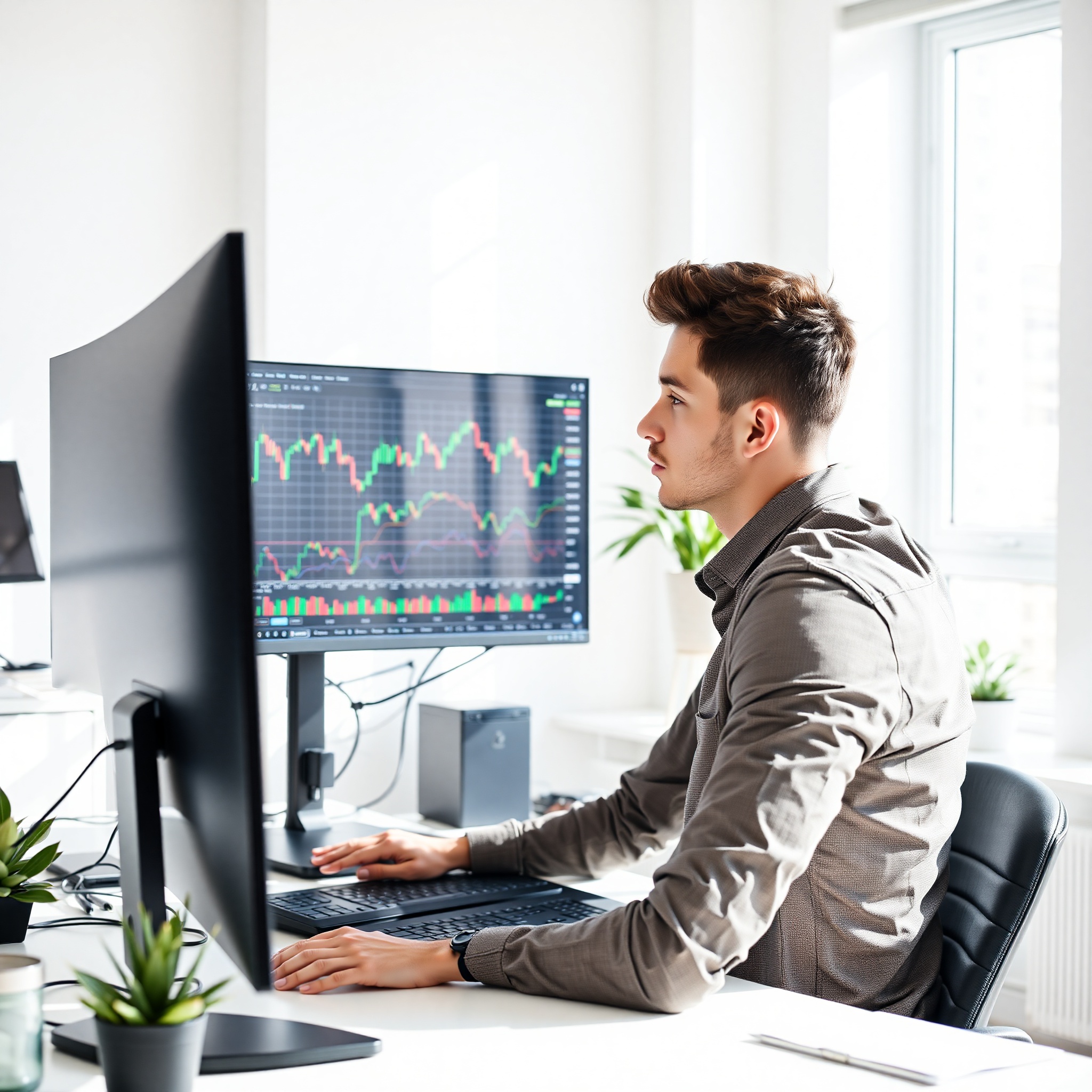 Professional young investor analyzing market charts and financial data on modern desktop setup