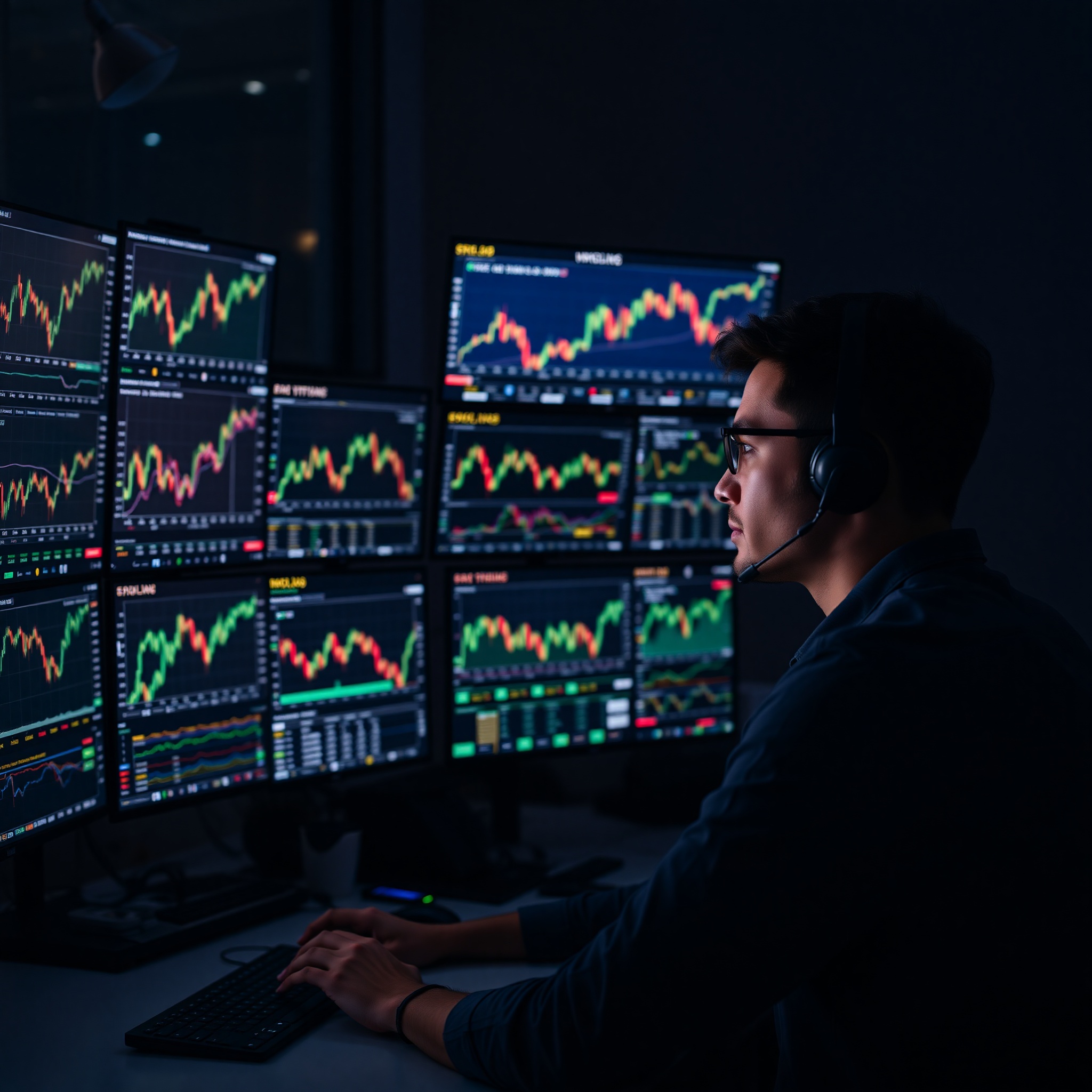 Young investor tracking market trends on multiple computer monitors showing growth charts and real-time market data