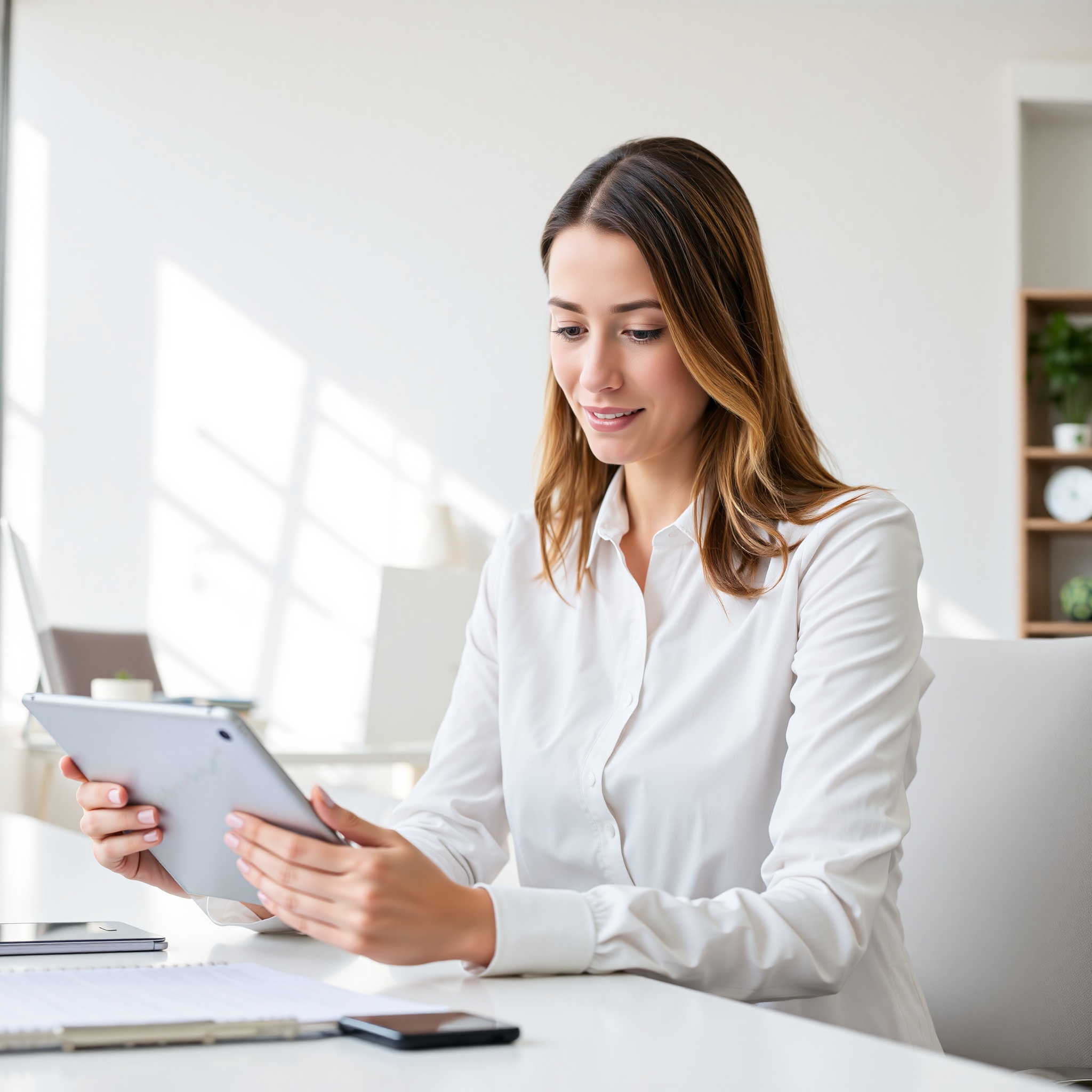 Young professional woman reviewing investment portfolio on tablet with financial charts